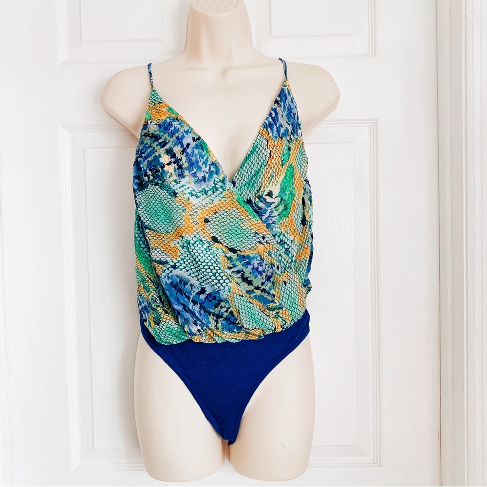 Blue Green Snake Print Backless Bodysuit